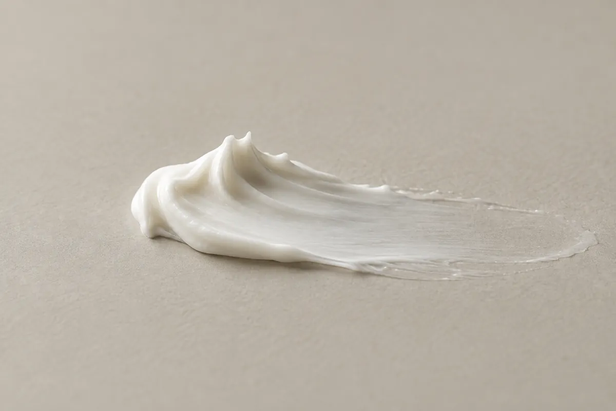 一道白色乳霜抹過石灰色檯面：左邊立起小尖，往右變成透出檯面的薄層